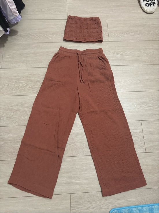 Pants - Rust Brown Two-Piece Tube Top & Wide Leg Pants Set